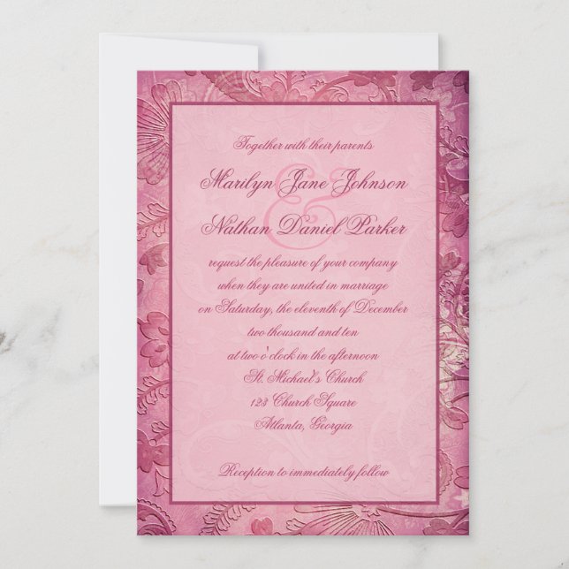 Invitación a la boda de Paisley con flores rosadas (Anverso)