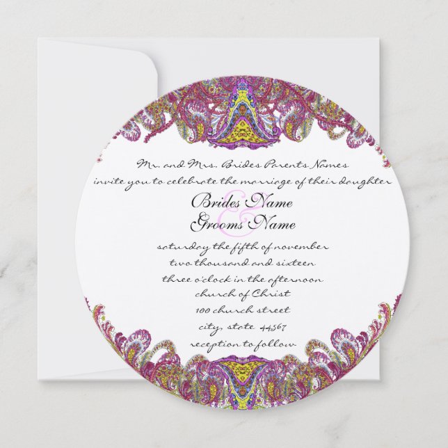 Invitación a la Boda de Paisley Rosa y Verde (Anverso)
