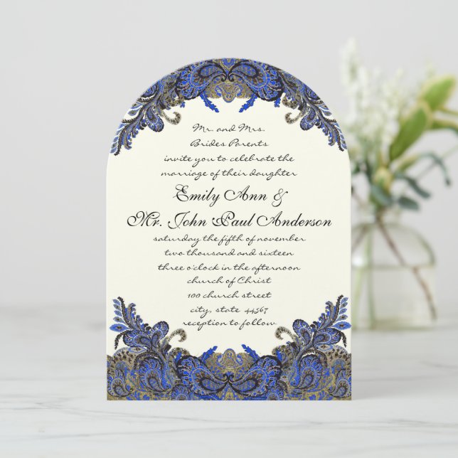 Invitación a la boda de paisley y paisley de oro (Anverso de pie)