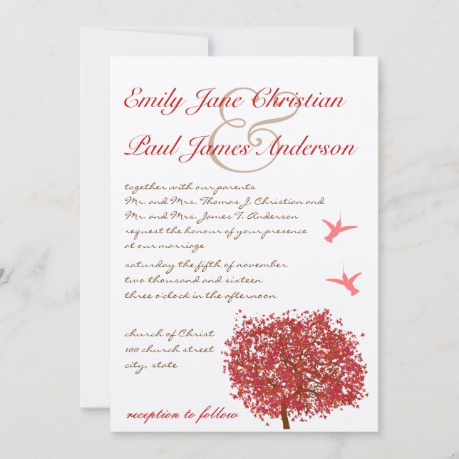 Invitación a la boda de pájaro en arbol rojo (Anverso)