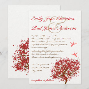 Invitación a la boda de pájaro en arbol rojo
