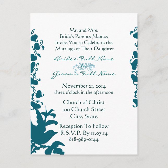 Invitación a la boda de pájaro Fuente azul mar sob (Anverso)
