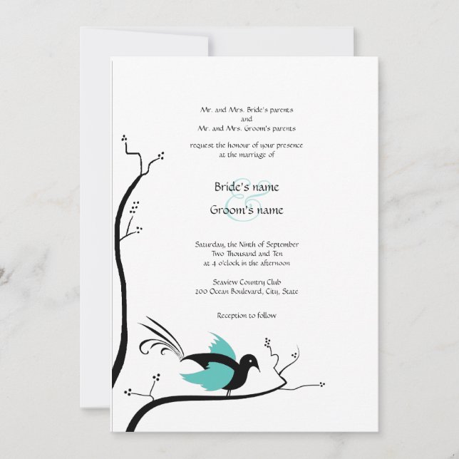 Invitación a la boda de pájaros de amor azul (Anverso)