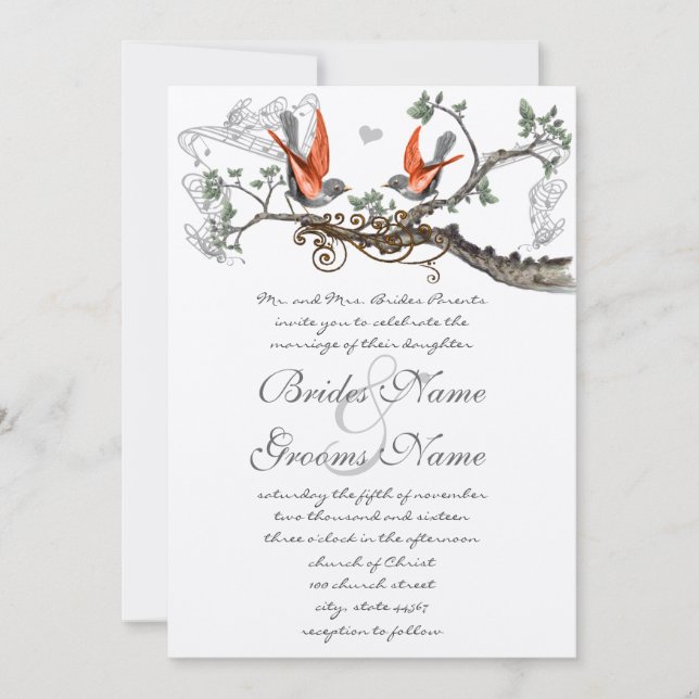 Invitación a la boda de pájaros de coral y grisáce (Anverso)