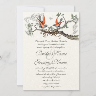Invitación a la boda de pájaros de coral y grisáce