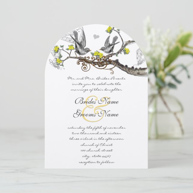 Invitación a la boda de pájaros ventilares amarill (Anverso de pie)