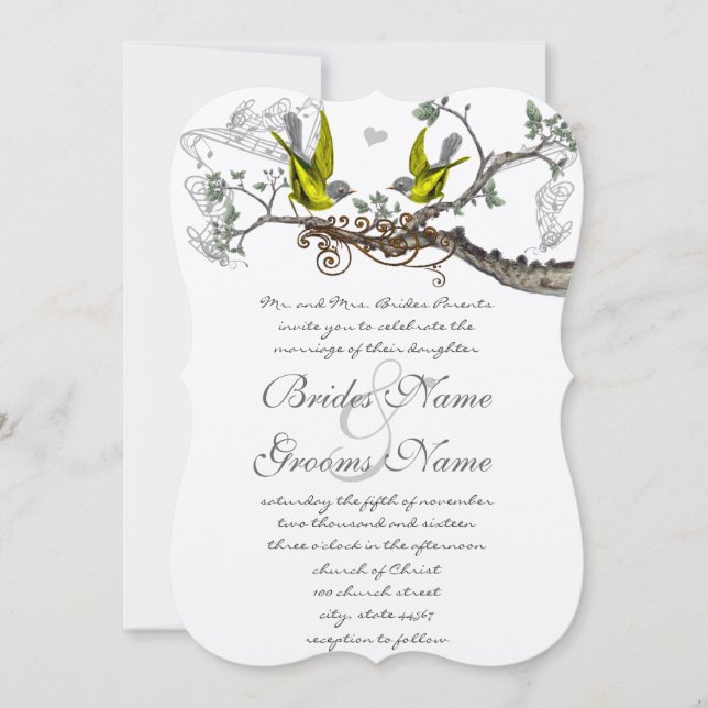 Invitación a la boda de pájaros ventilares amarill (Anverso)