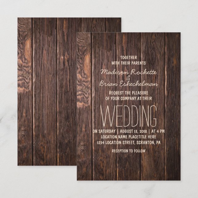 Invitación a la boda de Pallet de Madera Marrón Rú (Anverso / Reverso)