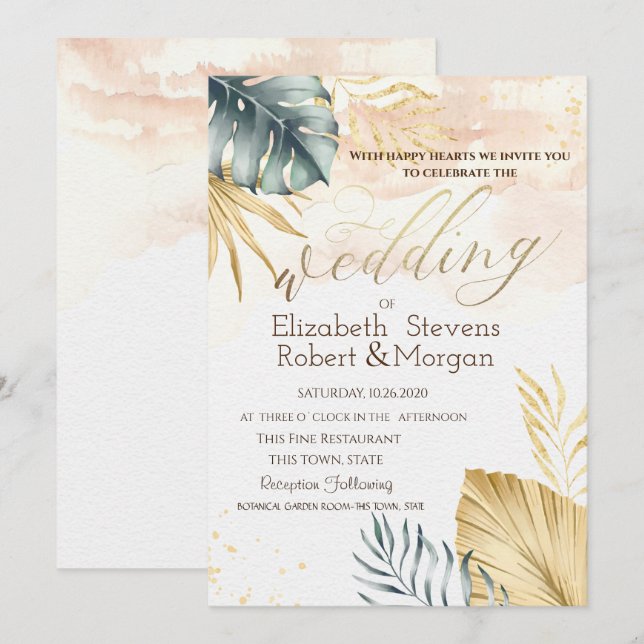 Invitación a la boda de Palm Leaves Beach (Anverso / Reverso)