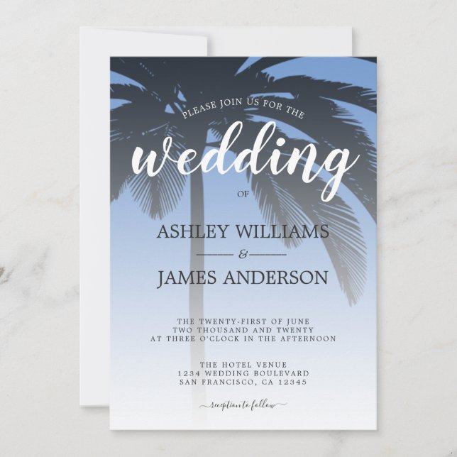 Invitación a la boda de Palm Tree Cornflower Blue  (Anverso)