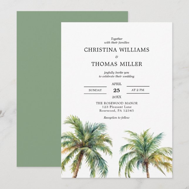 Invitación a la boda de palmeras acuarelas tropica (Anverso / Reverso)