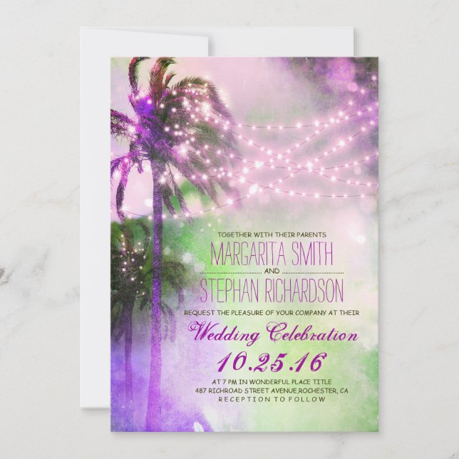 invitación a la boda de palmeras con luces de cade (Anverso)