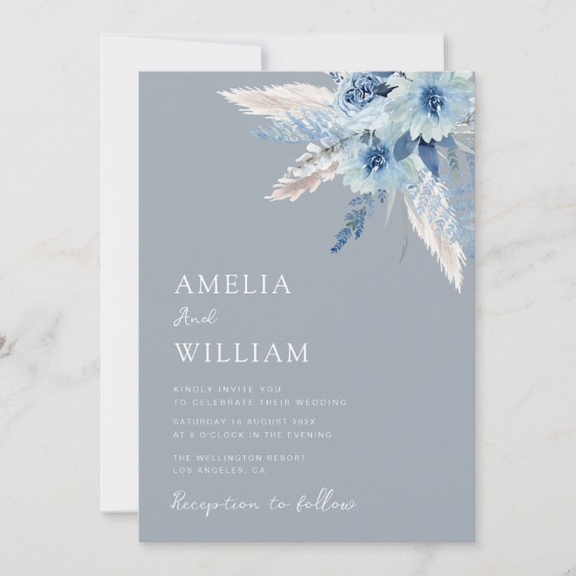 invitación a la boda de pampas azul y polvoriento (Anverso)