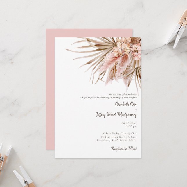 Invitación a la boda de Pampas con acuarela rosa W (Anverso/Reverso In Situ)
