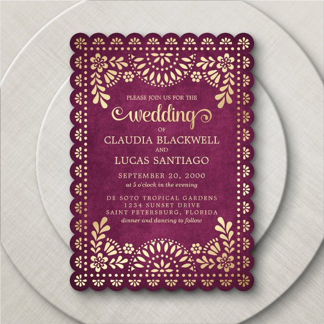 Invitación a la boda de Papel Picado Borgoña (Subido por el creador)