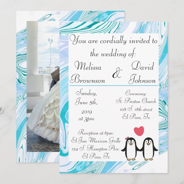 Invitación a la boda de pareja de pingüinos (Anverso / Reverso)