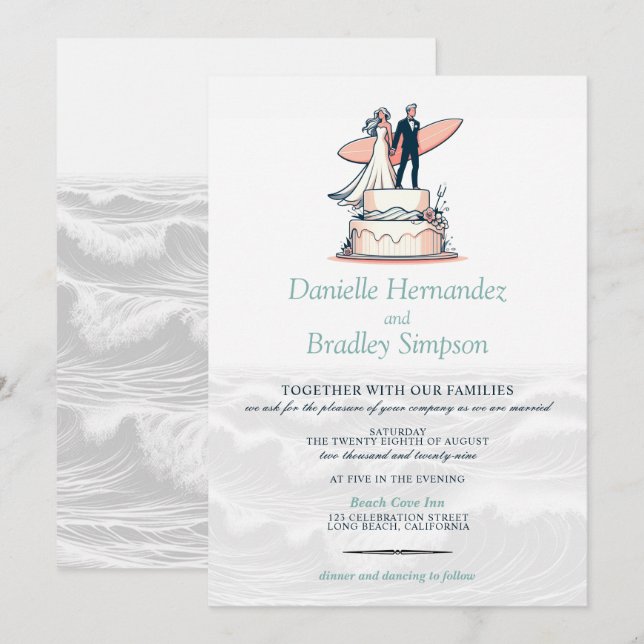 Invitación a la boda de pareja de Surf (Anverso / Reverso)