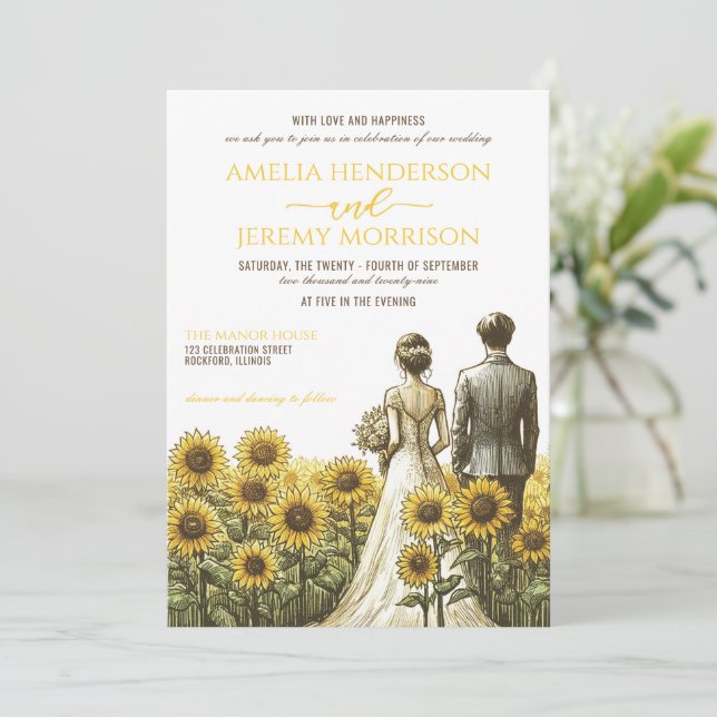 Invitación a la boda de parejas de girasoles (Anverso de pie)