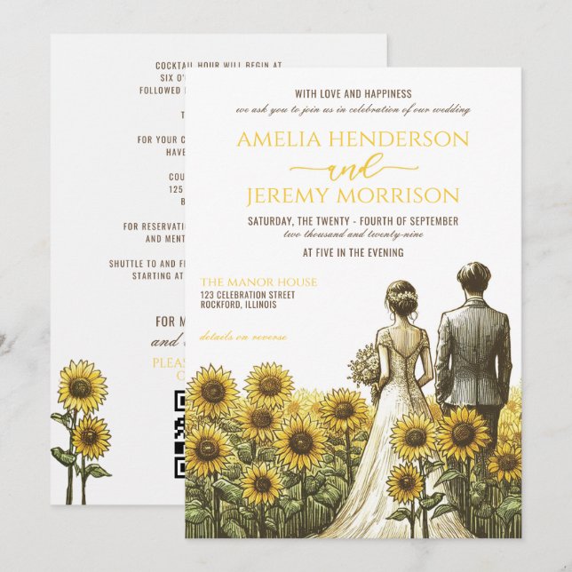 Invitación a la boda de parejas de girasoles con d (Anverso / Reverso)