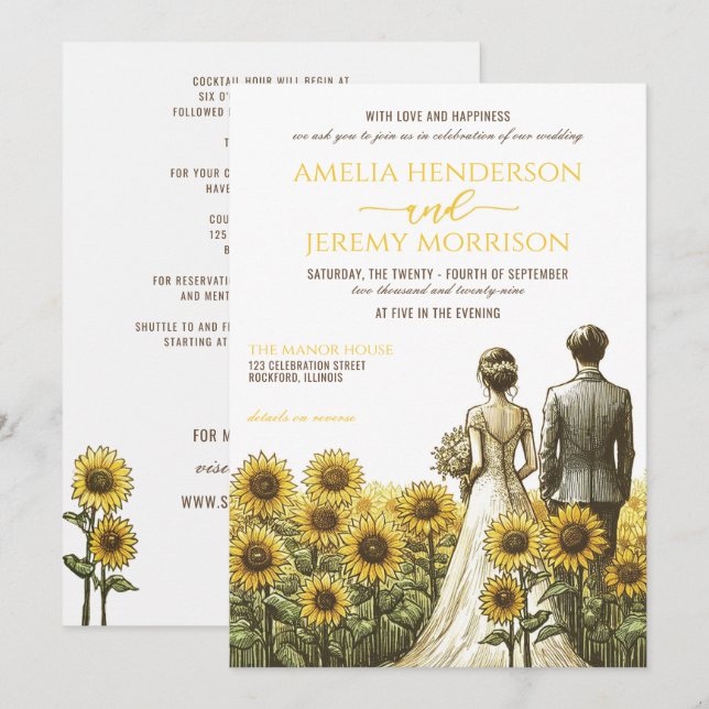 Invitación a la boda de parejas de girasoles con d (Anverso / Reverso)