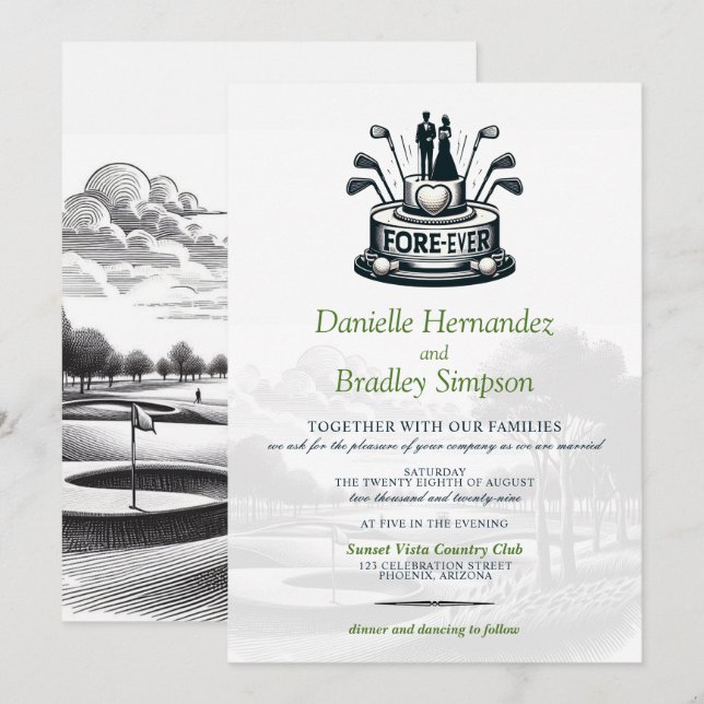 Invitación a la boda de parejas de golf (Anverso / Reverso)