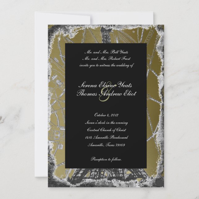 Invitación a la boda de París en negro y oro (Anverso)