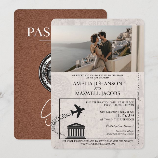 Invitación a la boda de pasaporte de Grecia marrón (Anverso / Reverso)