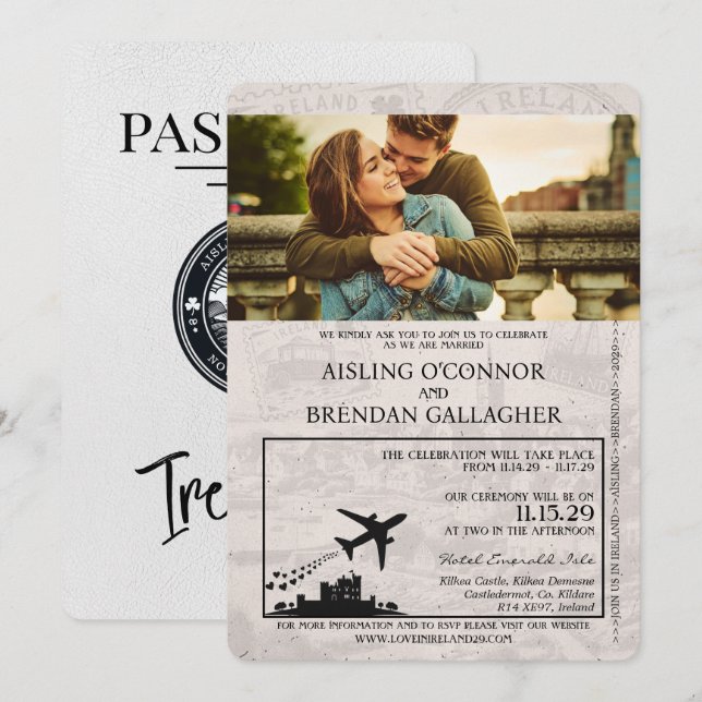 Invitación a la boda de pasaporte de Irlanda blanc (Anverso / Reverso)