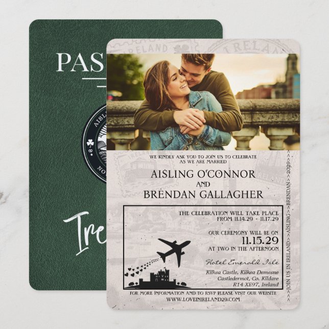 Invitación a la boda de pasaporte de Irlanda verde (Anverso / Reverso)