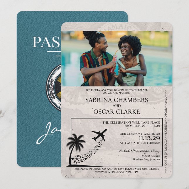 Invitación a la boda de pasaporte de Jamaica verde (Anverso / Reverso)