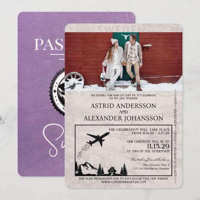 Invitación a la boda de Pasaporte de Lavender Purp (Anverso / Reverso)