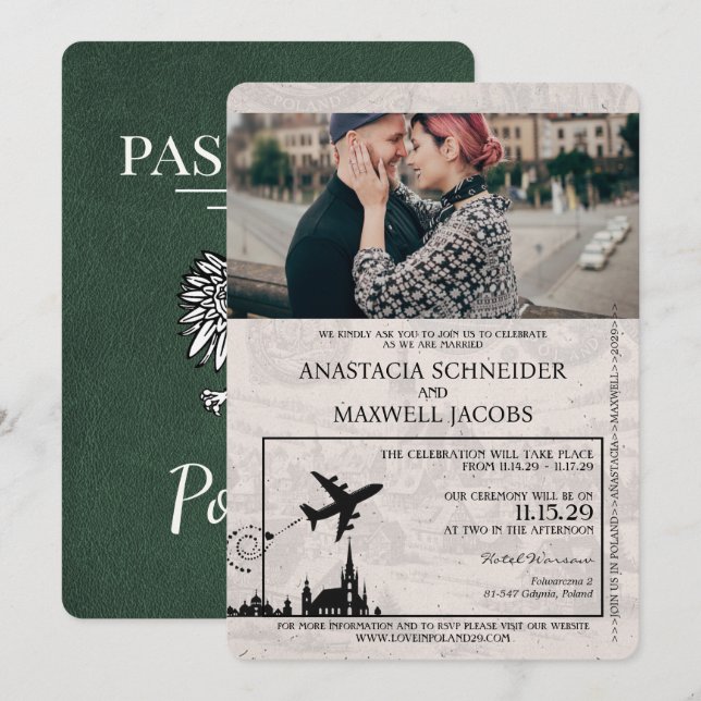 Invitación a la boda de pasaporte de Polonia verde (Anverso / Reverso)