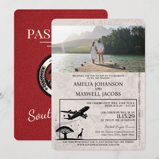 Invitación a la boda de Pasaporte de Sudáfrica Roj (Anverso / Reverso)