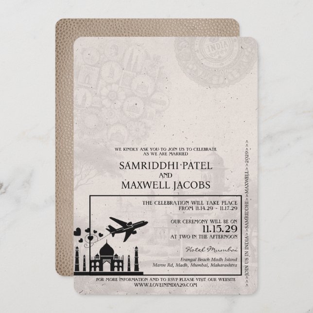 Invitación a la boda de pasaporte indio-beige (Anverso / Reverso)