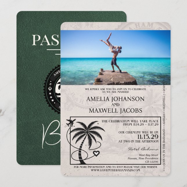 Invitación a la boda de pasaporte verde de Bahamas (Anverso / Reverso)