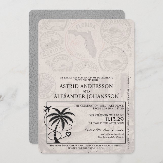 Invitación a la boda de pasaportes de Florida gris (Anverso / Reverso)