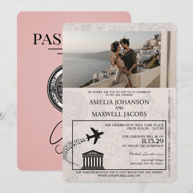 Invitación a la boda de pasaportes de Grecia rosa (Anverso / Reverso)