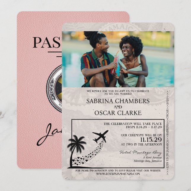Invitación a la boda de pasaportes de Jamaica rosa (Anverso / Reverso)
