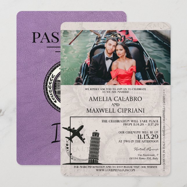 Invitación a la boda de pasaportes de Lavender Ita (Anverso / Reverso)