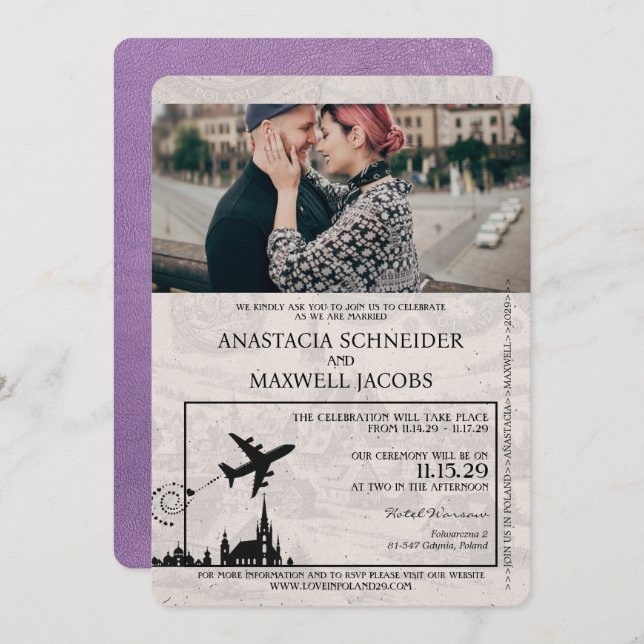 Invitación a la boda de pasaportes de Lavender Pur (Anverso / Reverso)