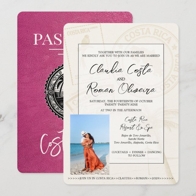 Invitación a la boda de pasaportes de Magenta Cost (Anverso / Reverso)