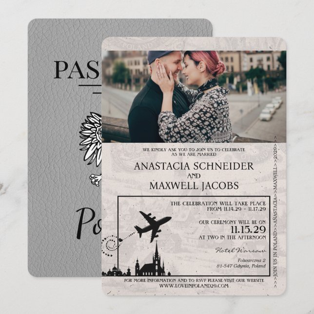 Invitación a la boda de pasaportes de Polonia gris (Anverso / Reverso)