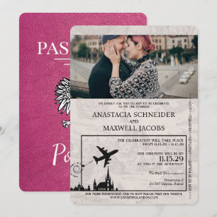 Invitación a la boda de pasaportes de Polonia rosa