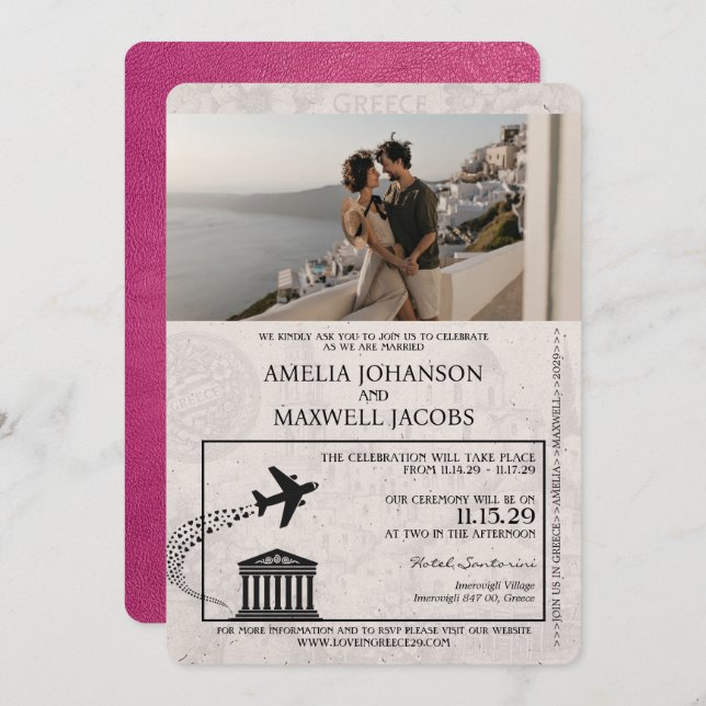 Invitación a la boda de pasaportes Magenta Pink Gr (Anverso / Reverso)
