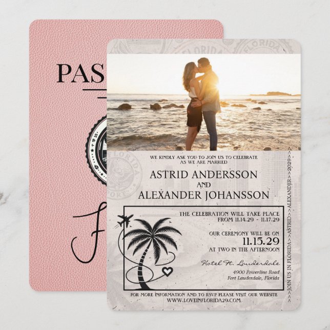 Invitación a la boda de pasaportes rosados de Flor (Anverso / Reverso)