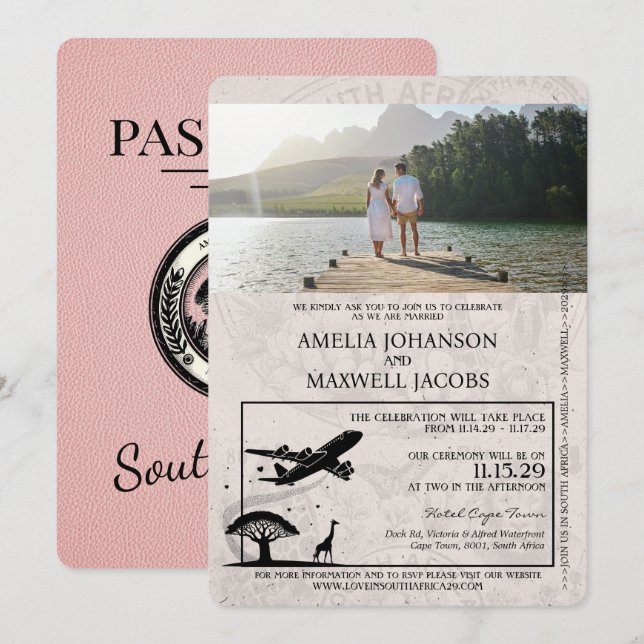 Invitación a la boda de pasaportes rosados de Sudá (Anverso / Reverso)