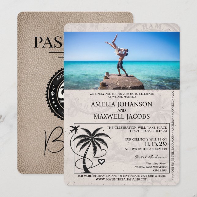 Invitación a la boda de Passport de las Bahamas de (Anverso / Reverso)