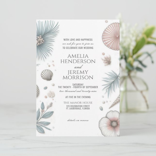 Invitación a la boda de Pastel Beach con detalles (Anverso de pie)