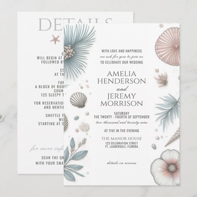 Invitación a la boda de Pastel Beach con QR y deta (Anverso / Reverso)