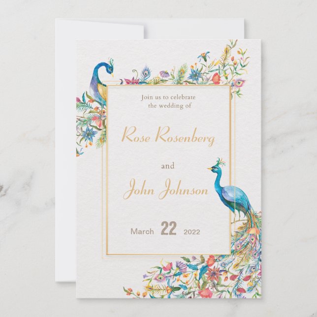 Invitación a la boda de pavo real (Anverso)